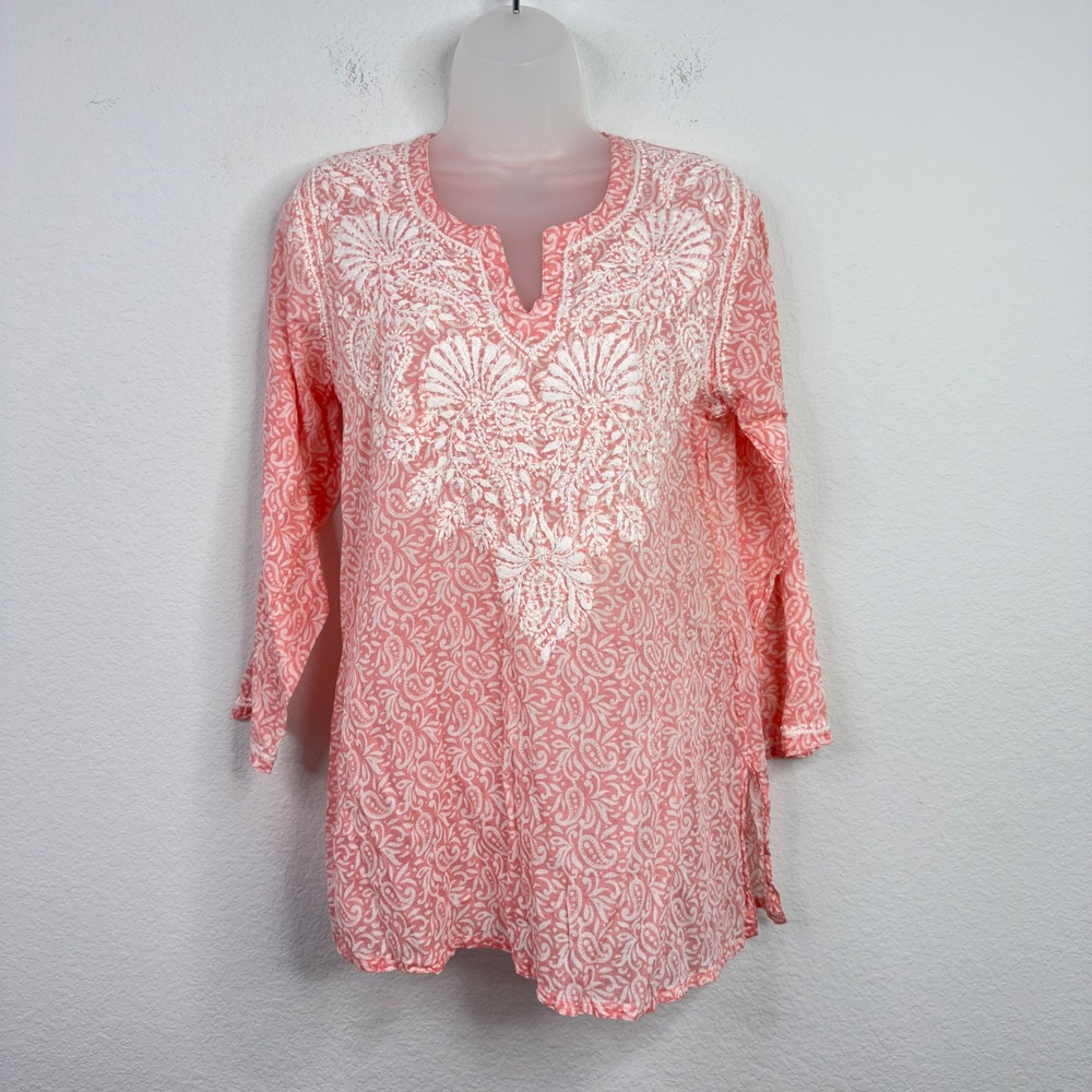 Dolma Shirt Womens M Peach Embroidered Boho Hippie Coastal‎ Resort Artsy Tunic